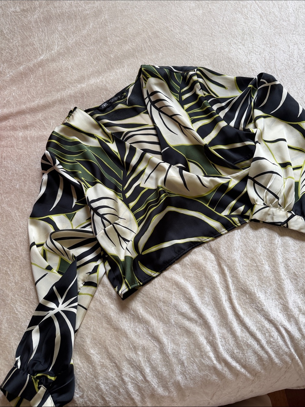 Zara Black White and Olive Green Tropical Print Long Sleeve Top